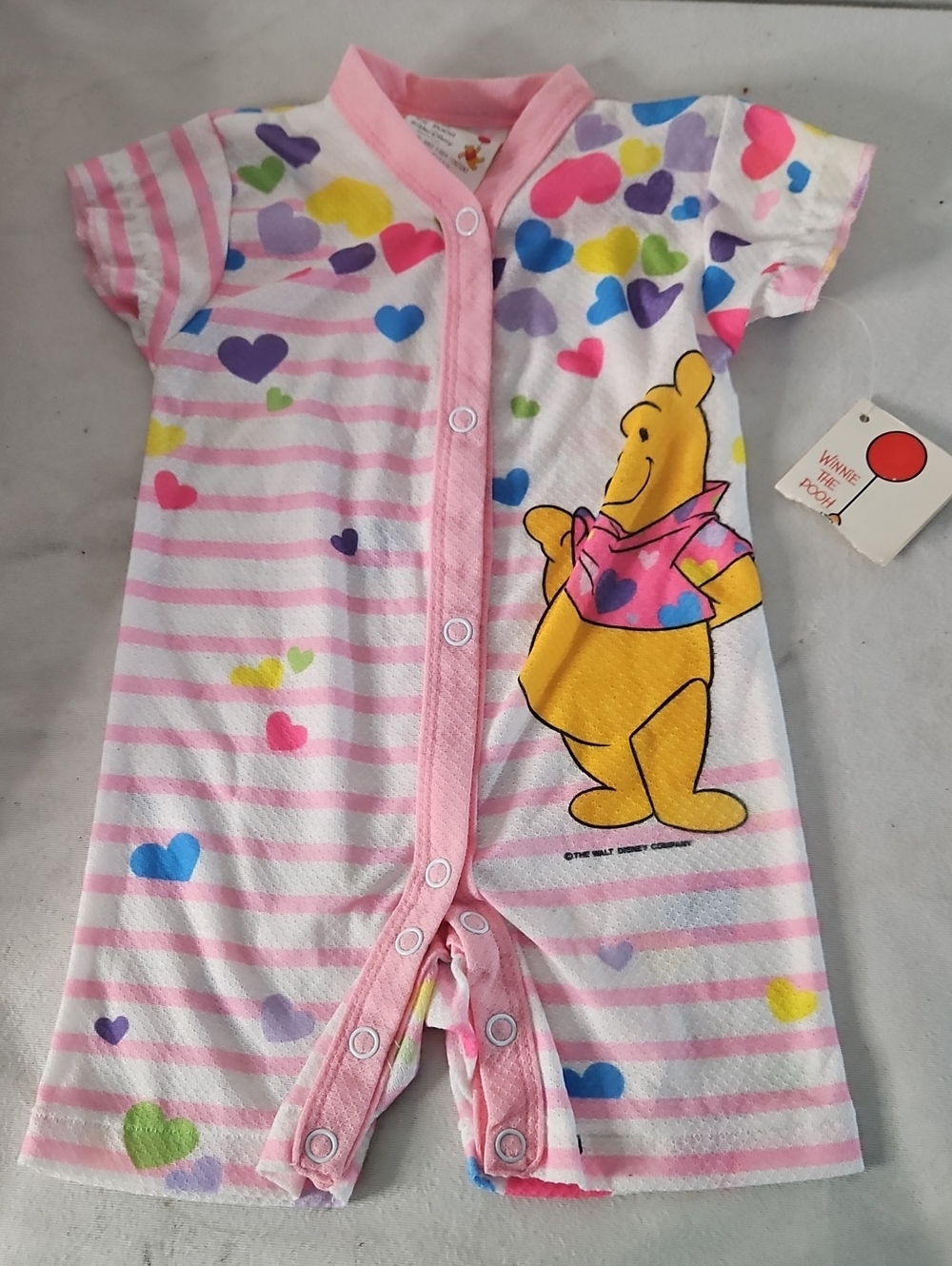 Vintage Winnie the Pooh Pink Heart Short-Sleeve Baby One-Piece Romper